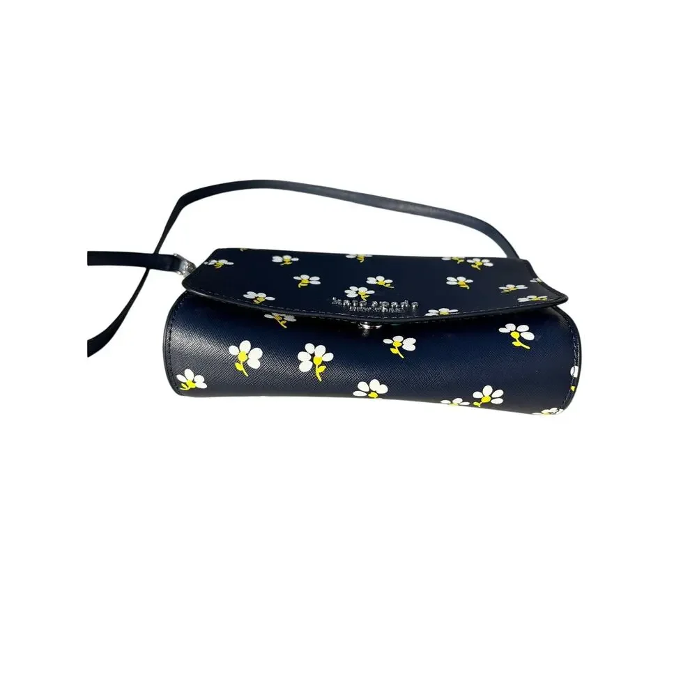Kate Spade Small Flap Crossbody Navy Safiano Leather Daisy Toss